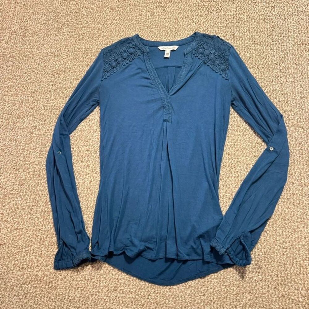 Long Elegant Legs Navy Blue Crochet Trim Henley Top Long Sleeve Extra Small